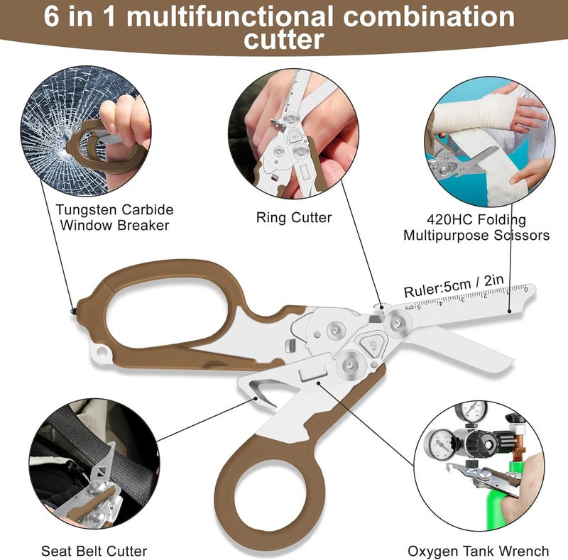 Lemasa6 in 1 Multifunctional Combination Tool, Folding Retractable Emergency Shears, Outdoor Camping Tools, Seat Belt Cutter, Oxygen Cylinder Wrench, Complimentary Adjustable Wrench (Bean Sand Colour) - Image 2